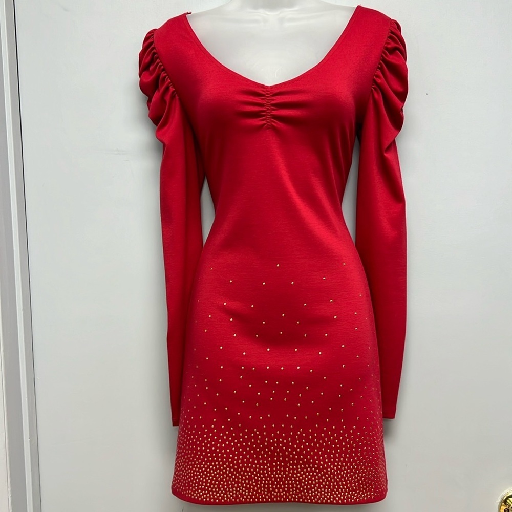 Steve Madden Long Sleeve Red Mini Dress with Gold Embellished Hem Size Small